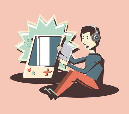 retro videogames design with avatar man with portable device over pink background, colorful design. vector illustrationのイラスト素材