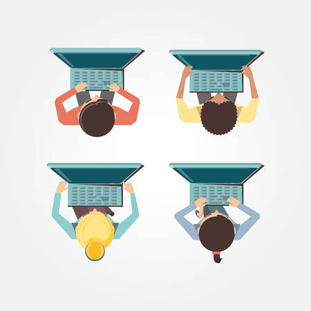 people with laptop social media icons vector illustration designのイラスト素材