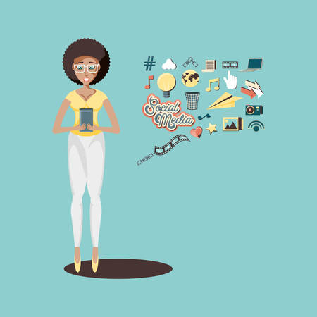 woman with smartphone social media icons vector illustration designのイラスト素材
