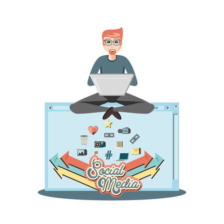 man with laptop social media icons vector illustration designのイラスト素材