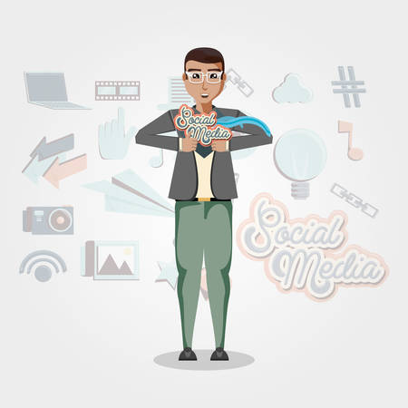 man with social media icons vector illustration designのイラスト素材