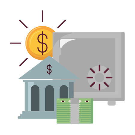 strongbox with bank building and money coin over white background, vector illustrationのイラスト素材