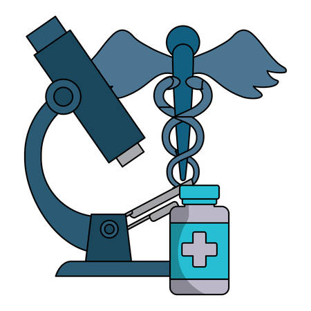 microscope with medical pills bottle and medical symbol over white background, vector illustrationのイラスト素材
