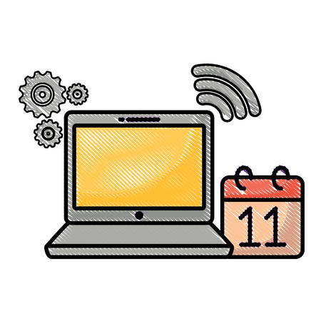 laptop computer and calendar over white background, vector illustrationのイラスト素材