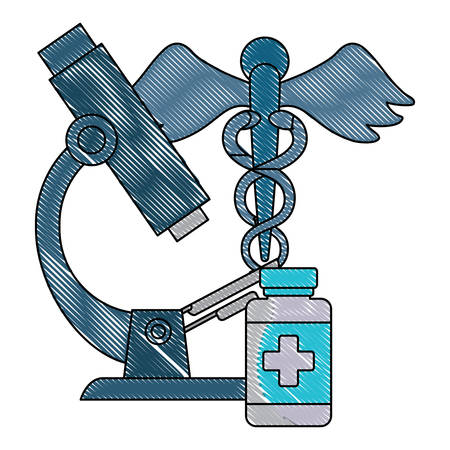 microscope with medical pills bottle and medical symbol over white background, vector illustrationのイラスト素材