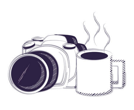 photographic camera and coffee mug over white background, vector illustrationのイラスト素材