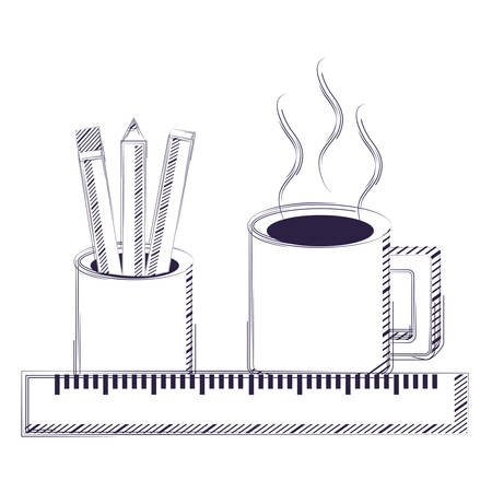 ruler with holder cup with pencils and coffee mug icon over white background, vector illustrationのイラスト素材