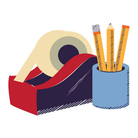 holder cup with pencils and tape dispenser icon over white background, vector illustrationのイラスト素材