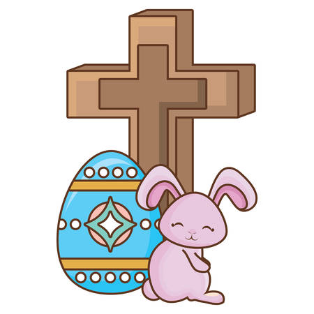 happy easter design with religious cross with cute bunny and easter eggs over white background, vector illustrationのイラスト素材