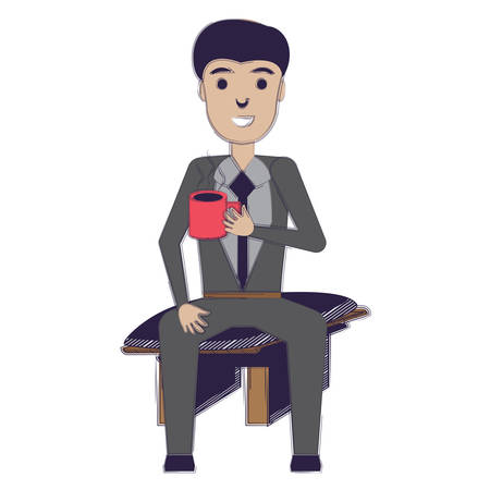 cartoon businessman with coffee mug and  sitting on office chair over white background, vector illustrationのイラスト素材