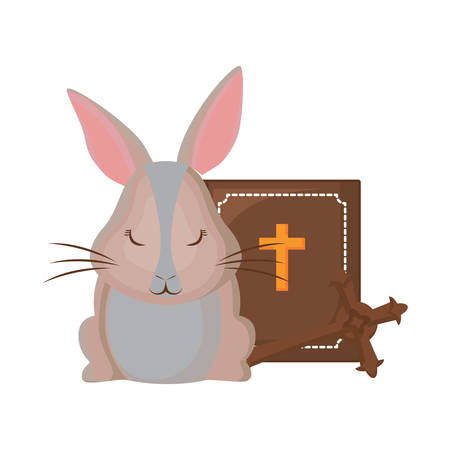 holy bible and cute rabbits with easter eggs over white background, vector illustrationのイラスト素材