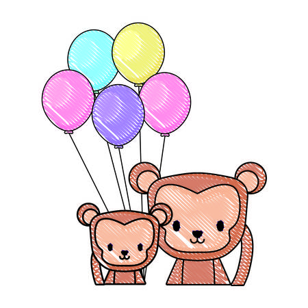 cute monkeys and balloons over white background, vector illustrationのイラスト素材