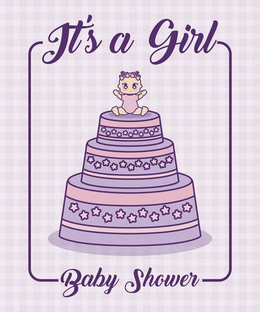 baby shower design with its a girl concept with cake and baby girl  icon over purple background, colorful design. vector illustrationのイラスト素材
