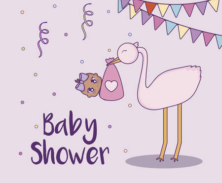 baby shower design with stork holding a baby girl over pink background, colorful design. vector illustrationのイラスト素材