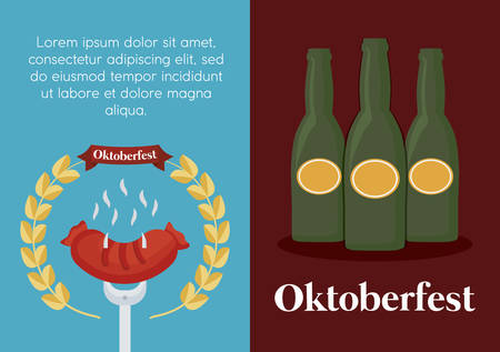 infographic of oktoberfest concept with fork with sausage and beer bottles icon, colorful design. vector illustrationのイラスト素材