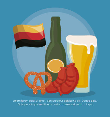 oktoberfest infographic template with beer bottle and related icons over blue background, colorful design. vector illustrationのイラスト素材