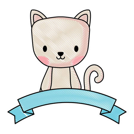 decorative ribbon and cute cat icon over white background, vector illustrationのイラスト素材