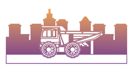 Dump truck icon over city buildings and white backgroundのイラスト素材