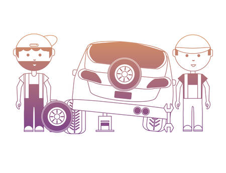 cartoon mechanics repairing a car over white background, vector illustrationのイラスト素材