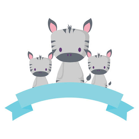 decorative ribbon and cute zebras over white background, vector illustrationのイラスト素材