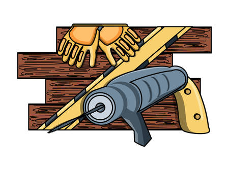 drill with wood board and gloves over white background, vector illustrationのイラスト素材