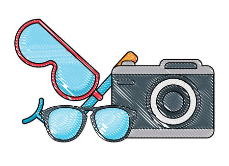 photographic camera with sunglasses and snorkell goggles over white background, vector illustrationのイラスト素材
