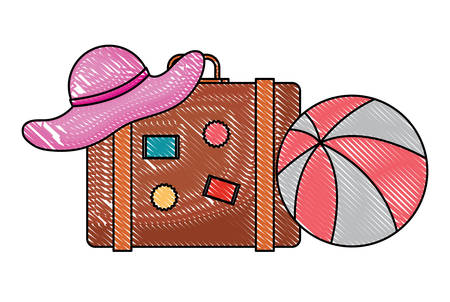 travel suitcase with beach hat and ball over white background, vector illustrationのイラスト素材