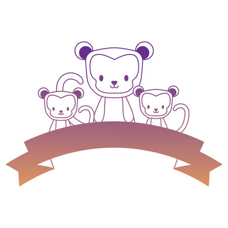 cute monkeys and decorative ribbon over white background, vector illustrationのイラスト素材