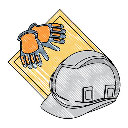 construction safety helmet and gloves over white background, vector illustrationのイラスト素材