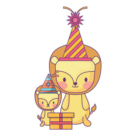 happy birthday design with cute lions with party hats over white background, vector illustrationのイラスト素材