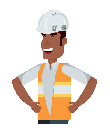construction worker with safety vest and helmet over white background, vector illustrationのイラスト素材
