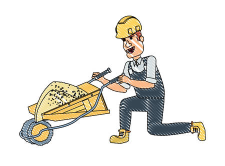 cartoon construction worker with wheelbarrow over white background, vector illustrationのイラスト素材