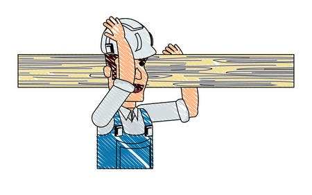 cartoon construction worker holding a wood board over white background, vector illustrationのイラスト素材