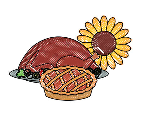 roasted turkey with sunflower and pie over white background, vector illustrationのイラスト素材