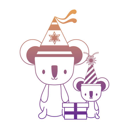 happy birthday design with cute koalas with party hats over white background, vector illustrationのイラスト素材