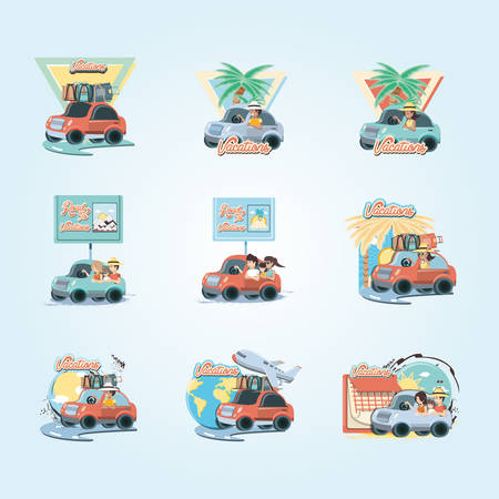 group of people in car vacations vector illustration designのイラスト素材