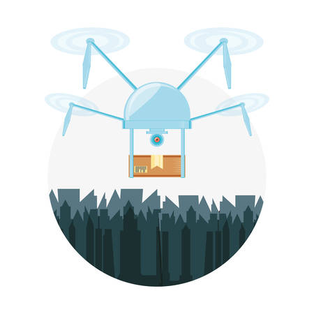 drone delivery service with box and cityscape vector illustration designのイラスト素材