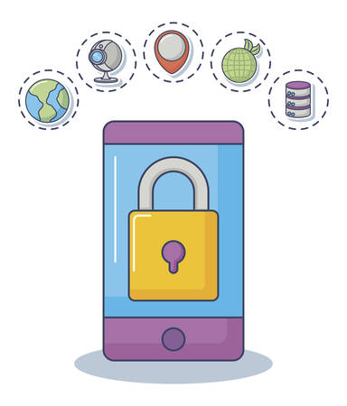 cellphone and padlock with innovation and technology related icons around over white background, colorful design. vector illustrationのイラスト素材
