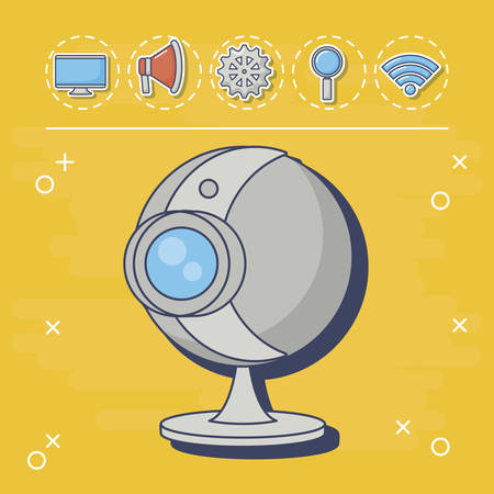 camera web with innovation and technology related icons around over yellow  background, colorful design. vector illustration icon set of innovation and technology concept over colorful circles and white background, vector illustrationのイラスト素材