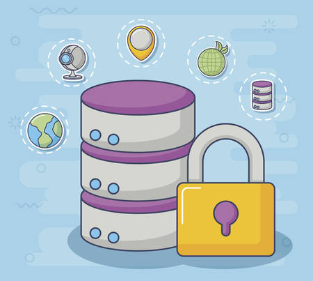 data server and padlock with innovation and technology related icons around over blue background, colorful design. vector illustrationのイラスト素材