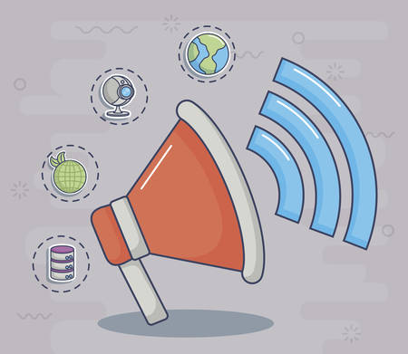 megaphone with innovation and technology related icons around over gray background, colorful design. vector illustrationのイラスト素材