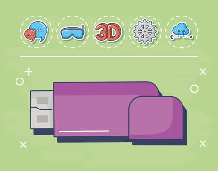 usb with innovation and technology related icons around over green background, colorful design....