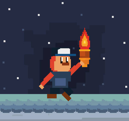 pixelated videogame design with adventure man character holding a torch over black background, colorful design. vector illustrationのイラスト素材