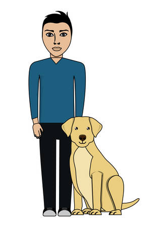 cute labrador dog and man standing over white background, vector illustrationのイラスト素材