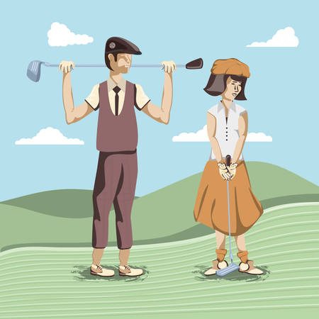 golf players couple in the course vector illustration designのイラスト素材