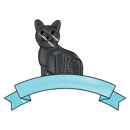 decorative ribbon and cute cat icon over white background, vector illustrationのイラスト素材