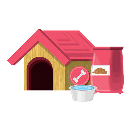 dog house with food bag and bowl over white background, vector illustrationのイラスト素材