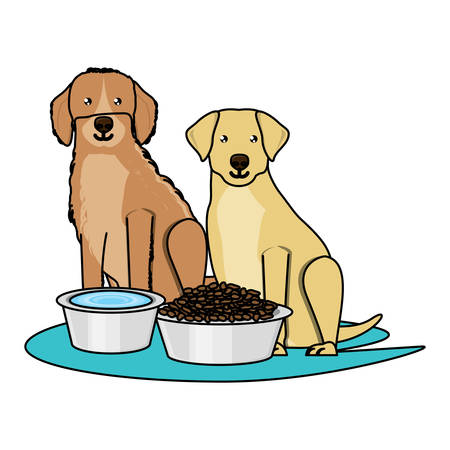cute golden retriever and labrador dogs with food bowls over white background, vector illustrationのイラスト素材