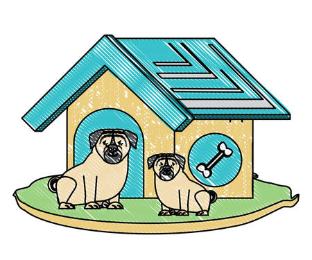 dog house with cute pugs over white background, vector illustrationのイラスト素材