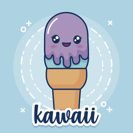 kawaii ice cream cone icon over blue background, colorful design. vector illustrationのイラスト素材